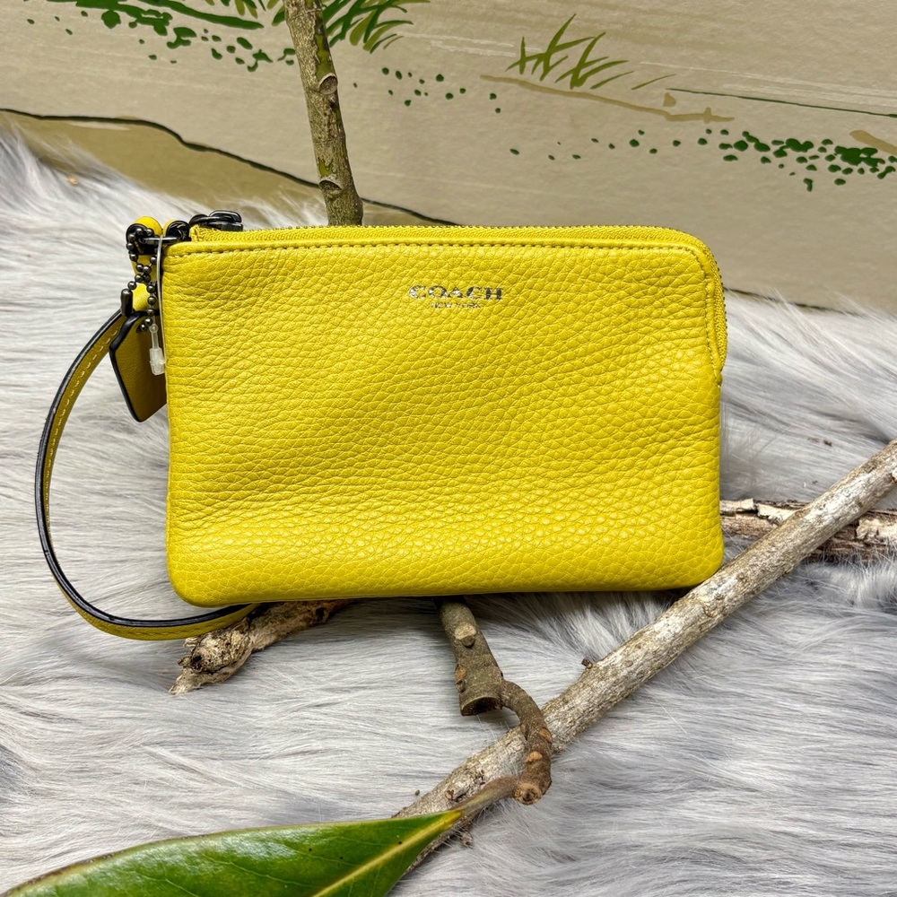 COACH Mustard Yellow Pebbled Leather Wristlet Clutch